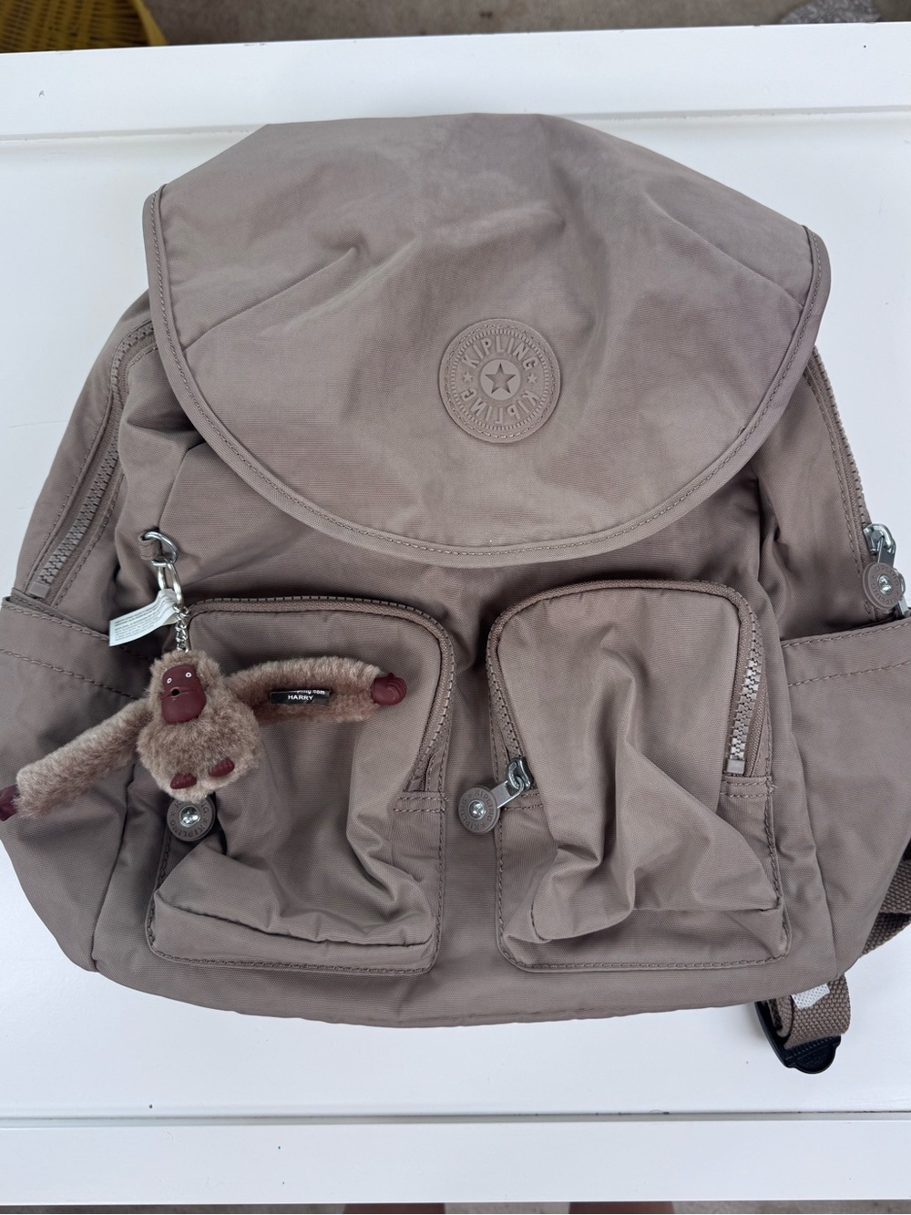 Kipling Taupe Nylon Drawstring Backpack with Monkey Charm